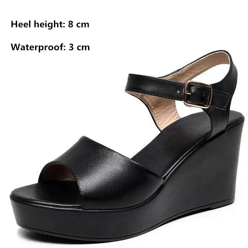 BEYARNENew Black White Fish Mouth Genuine Leather Sandals Wedges Platform High Heeled Sandals6 / 8 / 11Cm Big Size Women Sandals