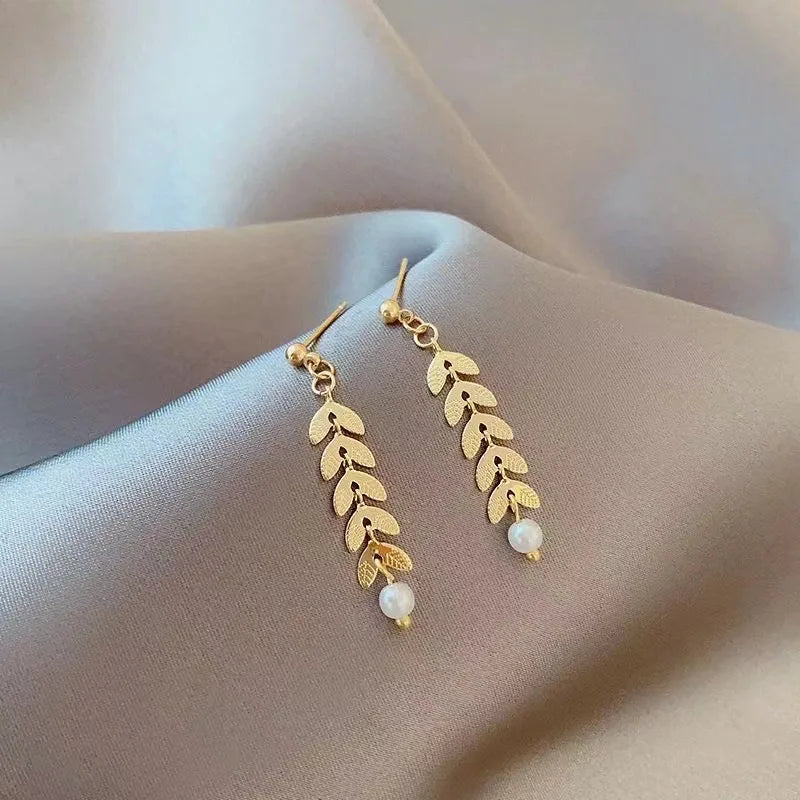 Simple Wheat Ear Pearl Bracelet Necklace Earrings Jewelry Set for Women Temperament Lucky Gold Color Bracelet Charm Jewelry