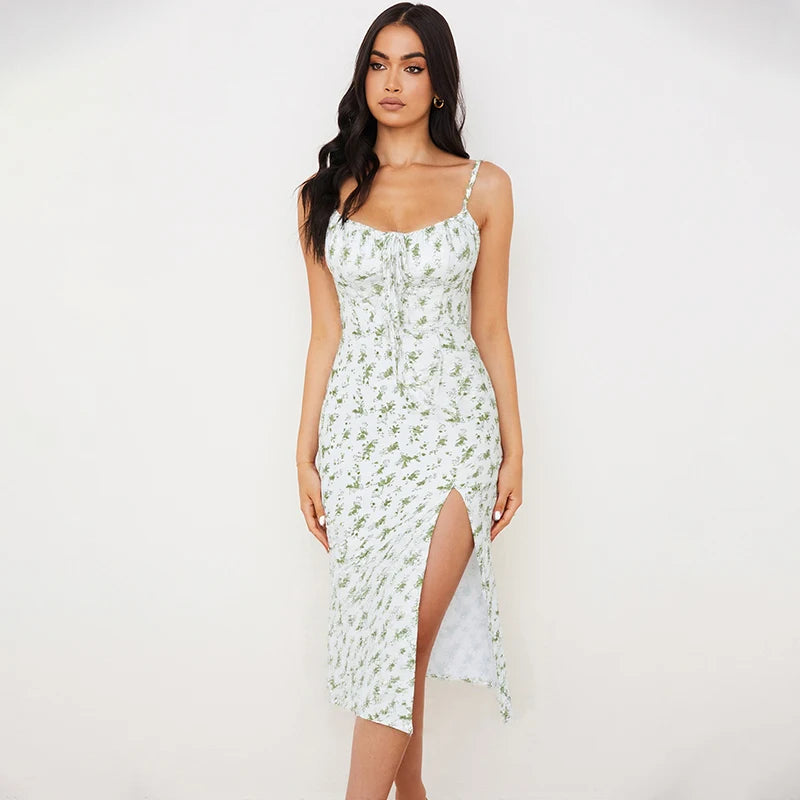 Hugcitar 2025 Floral Satin Slip Maxi Dress – Sleeveless Ruched Bandage Cut Out Party Dress