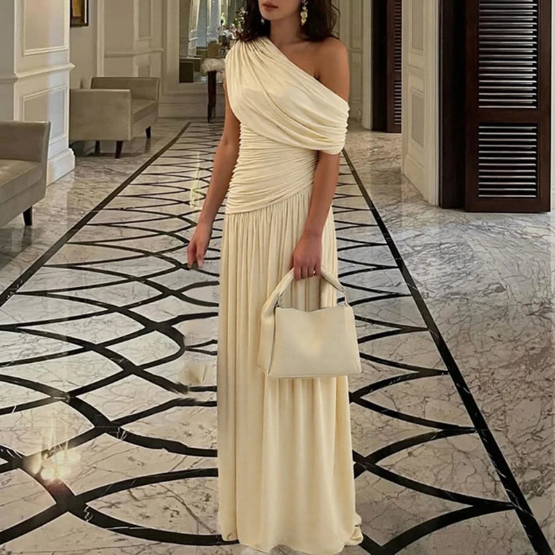 ELSVIOS Women’s High Waist Pleated Maxi Dress – Sexy One Shoulder Summer Party Dress