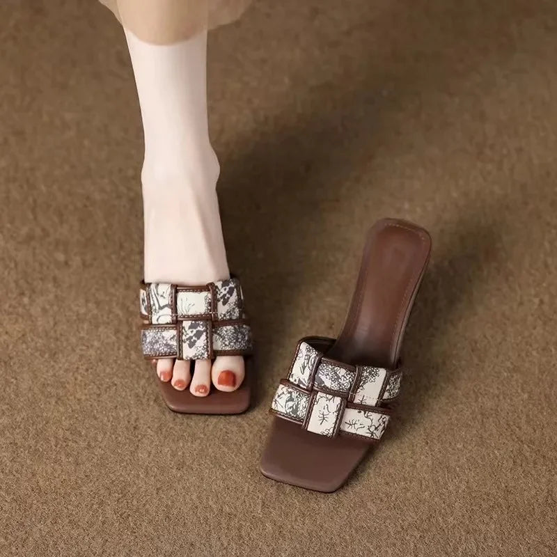 Women’s High Heel Slippers New Summer Fashion Braided Ladies Elegant Sandals Stiletto Square Toe Slip-On Comfy Casual Shoes
