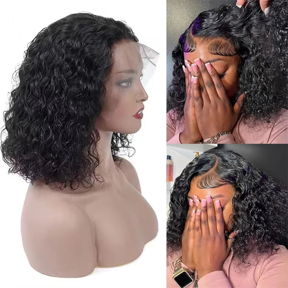 Water Wave Curly 13x4 Frontal Bob Wig 100% Human Hair Natural Black 250% Density For Black Women