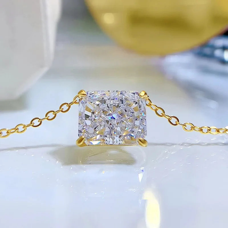 EWYA 4 Carat Radiant Baguette White Diamond Clavicle Necklace Simple Women's Lotus 925 Silver Necklaces for Women Fine Jewelry
