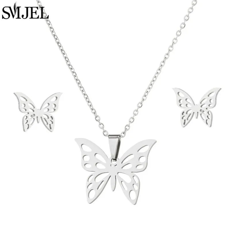 Korea Style Stainless Steel Butterfly Jewelry Sets for Women Cartoon Bee Insect Pendant Necklace Girls Summer Beach Wedding