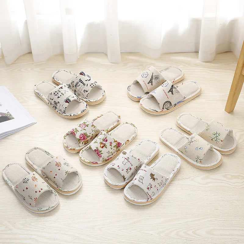 Four Season Linen Home Slippers – Women’s Indoor Non-Slip Floral Slides with Cartoon Cat Design