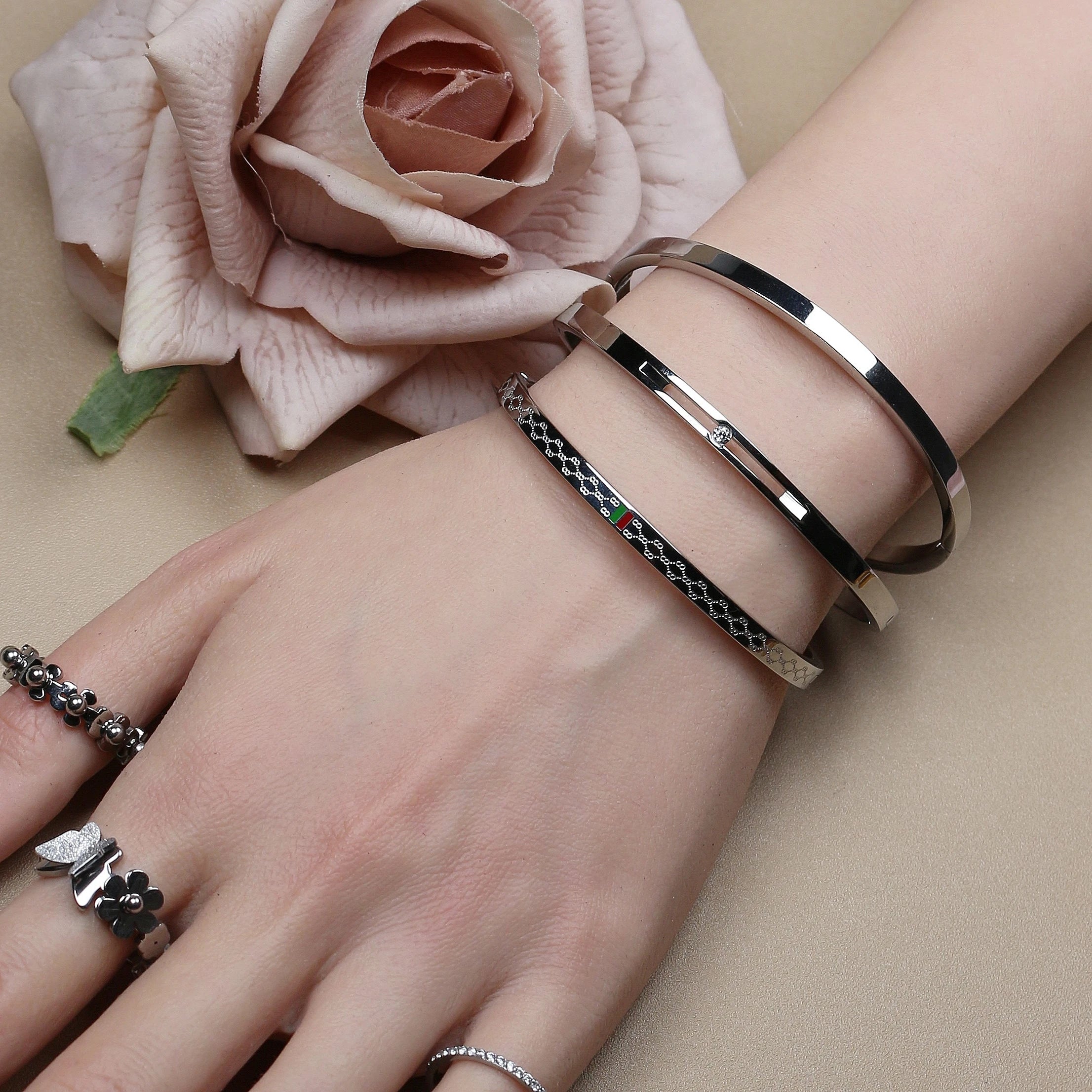 18K Gold Plated Unisex Bangles with Red/Green Accents