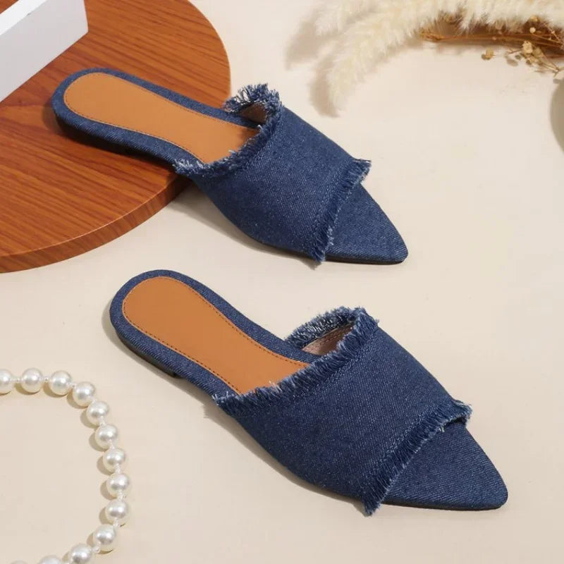 Women's Flat Stylish Beach Slippers, Denim Style, Summer Women's Pointed Cool Sandals Shoes for Women Zapatos Mujer