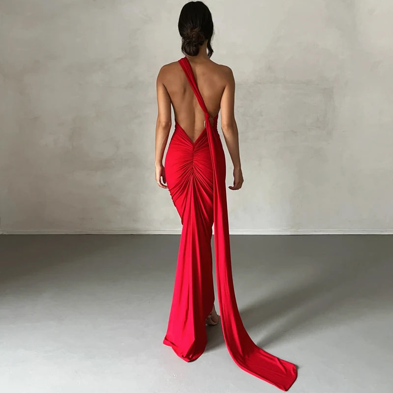 Dulzura Neon Y2K Clothes One Shoulder Sleeveless Backless Ruched Bodycon Maxi Dresses For Women Club Birthday Party Evening Prom