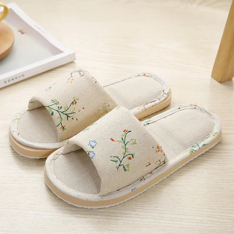 Four Season Linen Home Slippers – Women’s Indoor Non-Slip Floral Slides with Cartoon Cat Design