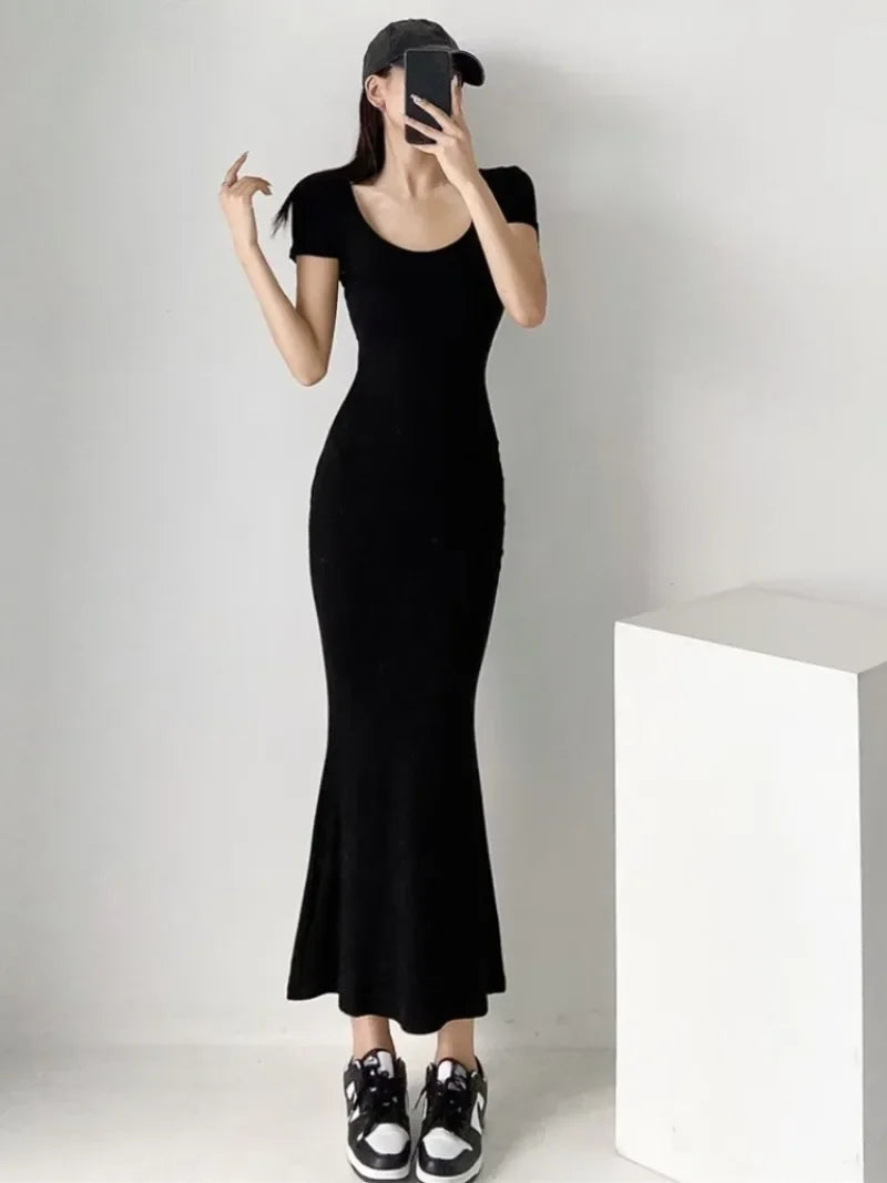 Long Dresses Women Solid Simple Elegant Partywear Gentle Trumpet Vestidos Slim French Vintage Night Club Temper Womens Daily