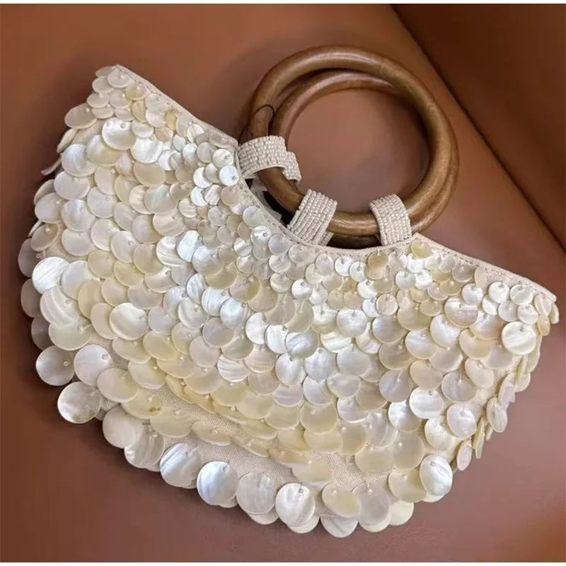 Handmade Shell Embroidery Woven Tote Bag – Luxury Straw Bucket Handbag with Wooden Handle