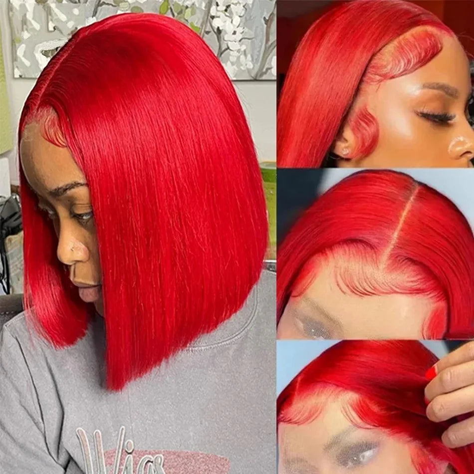 Hot Red Bob Wig 13x4 Lace Front Human Hair Wigs For Women Brazilian Bone Straight Red Colored Lace Frontal Wigs 10 12 14 Inch