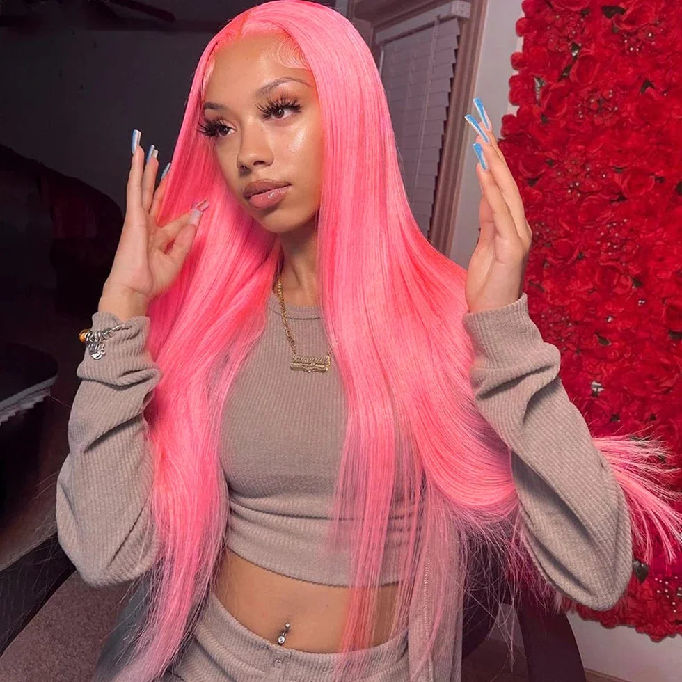 Pink Straight Wig 13x4 Transparent HD Lace Front Human Hair Wigs For Women 100% Brazilian Bleach #613 Colored Lace Frontal Wigs