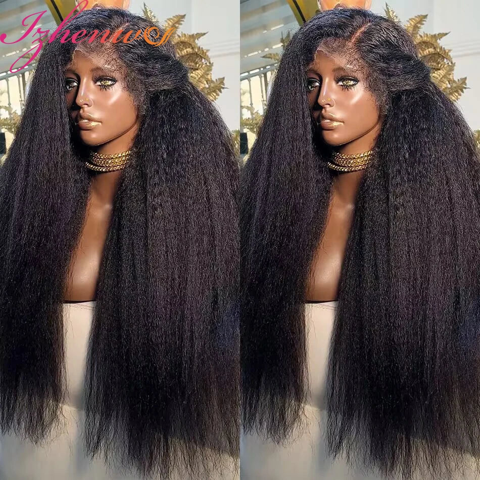Transparent Kinky Straight 13x6 Lace Frontal Wigs Yaki Straight Human Hair Wig Pre Plucked Remy Lace Closure Wig 250 Density