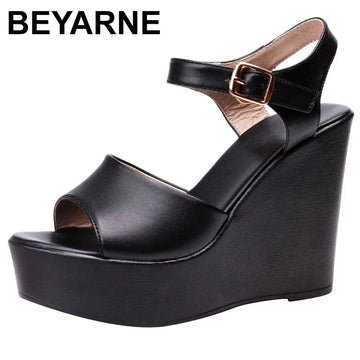 BEYARNENew Black White Fish Mouth Genuine Leather Sandals Wedges Platform High Heeled Sandals6 / 8 / 11Cm Big Size Women Sandals