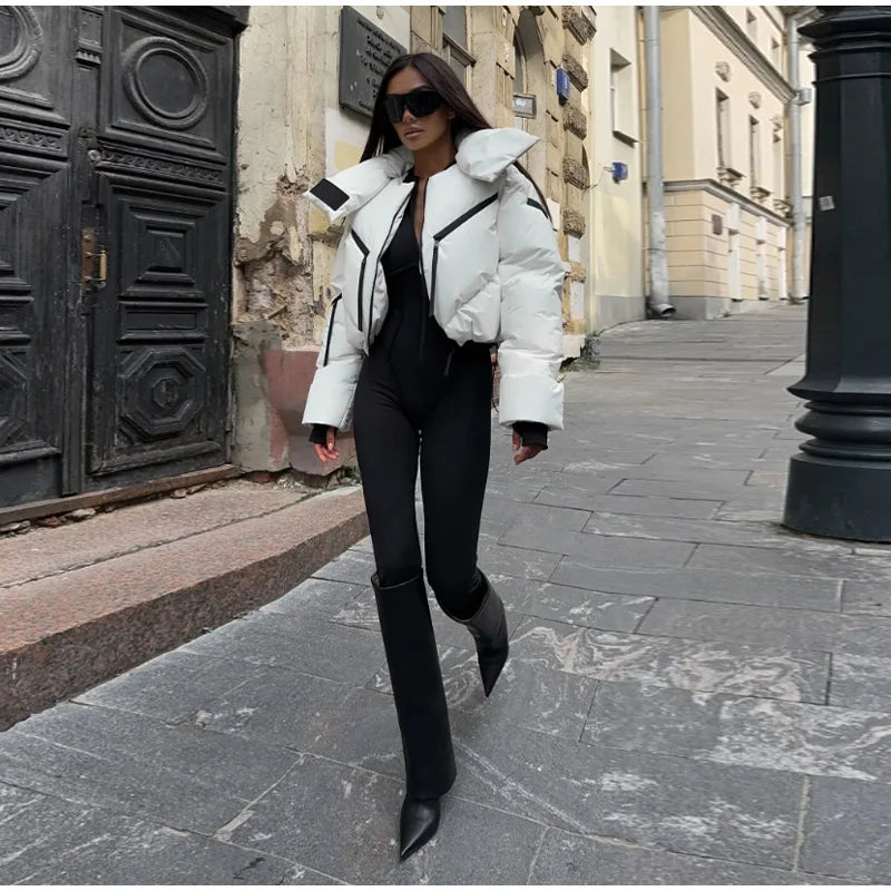 Street Thicken Cotton Women Short Coat Long Sleeve Zippers Pocket Pocket Stand Female