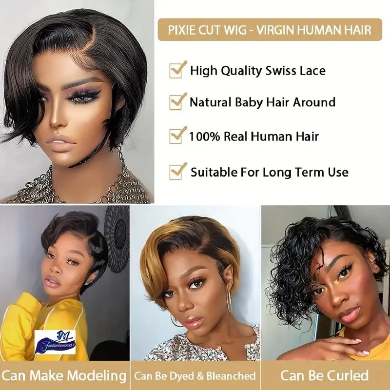Short Pixie Cut Wigs Straight Human Hair Bob Wigs Brazilian 13*1 Transparent Lace Front Wigs For Women Natural Color