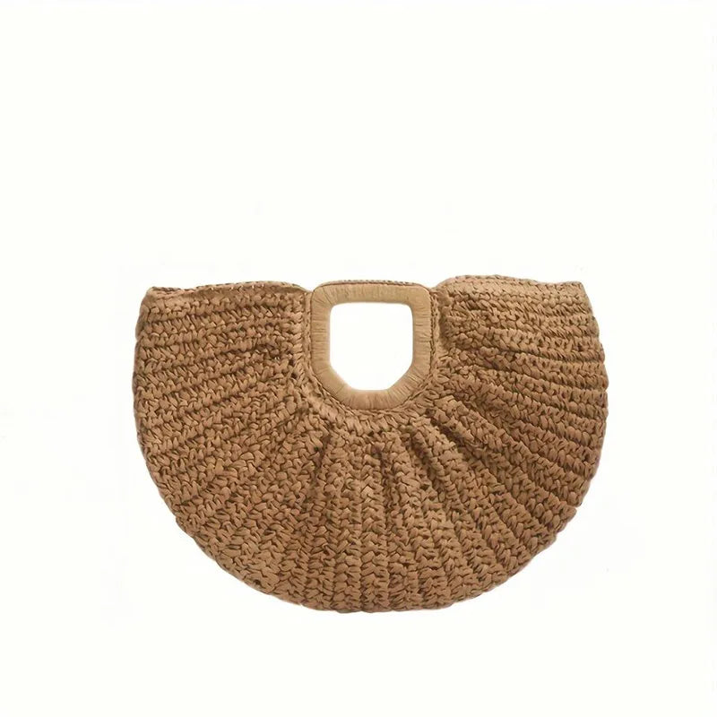Handmade Shell Embroidery Woven Tote Bag – Luxury Straw Bucket Handbag with Wooden Handle