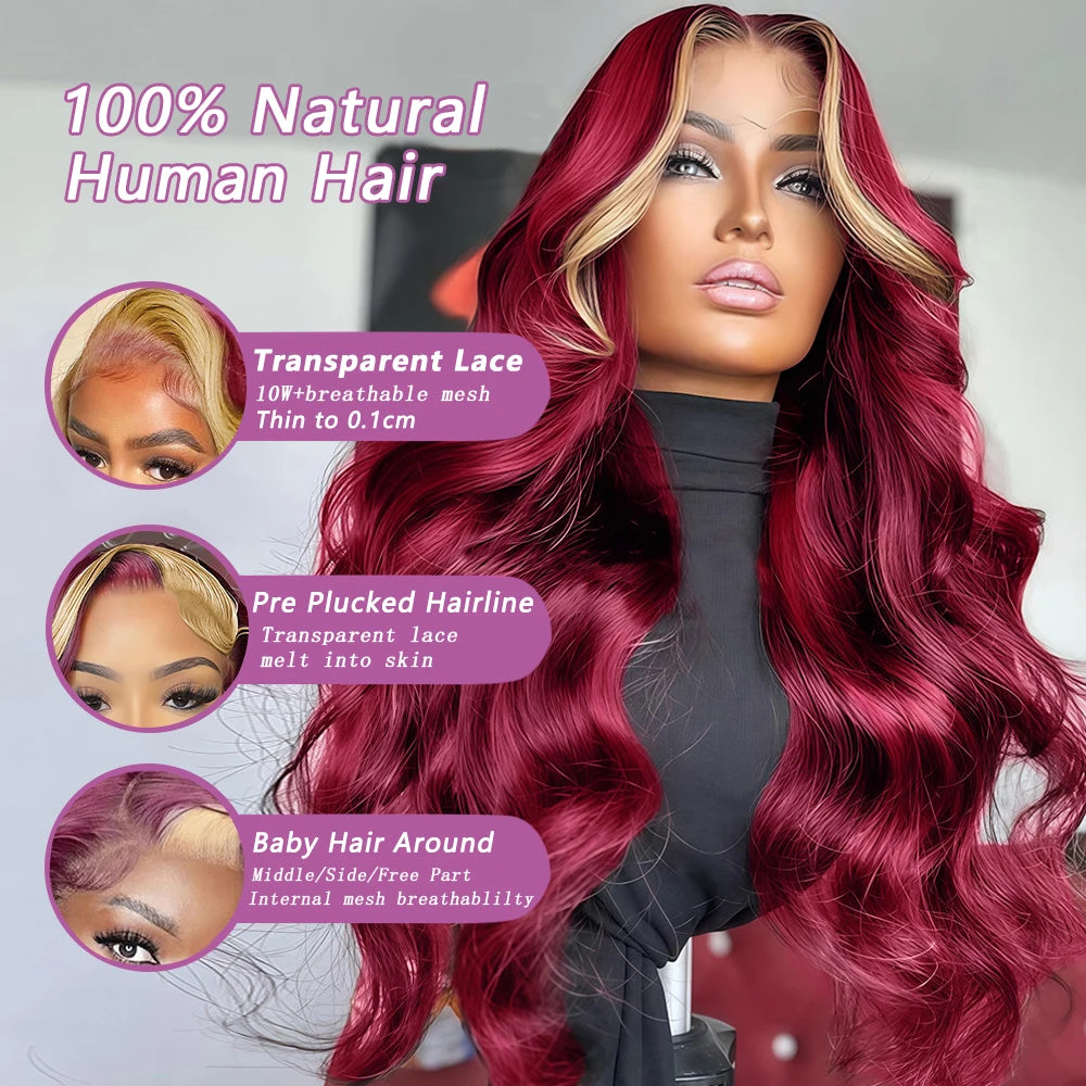 Burgundy 613 Colored Wig 200 Density 13x4 HD Lace Frontal Glueless Highlight Body Wave Human Hair Wigs