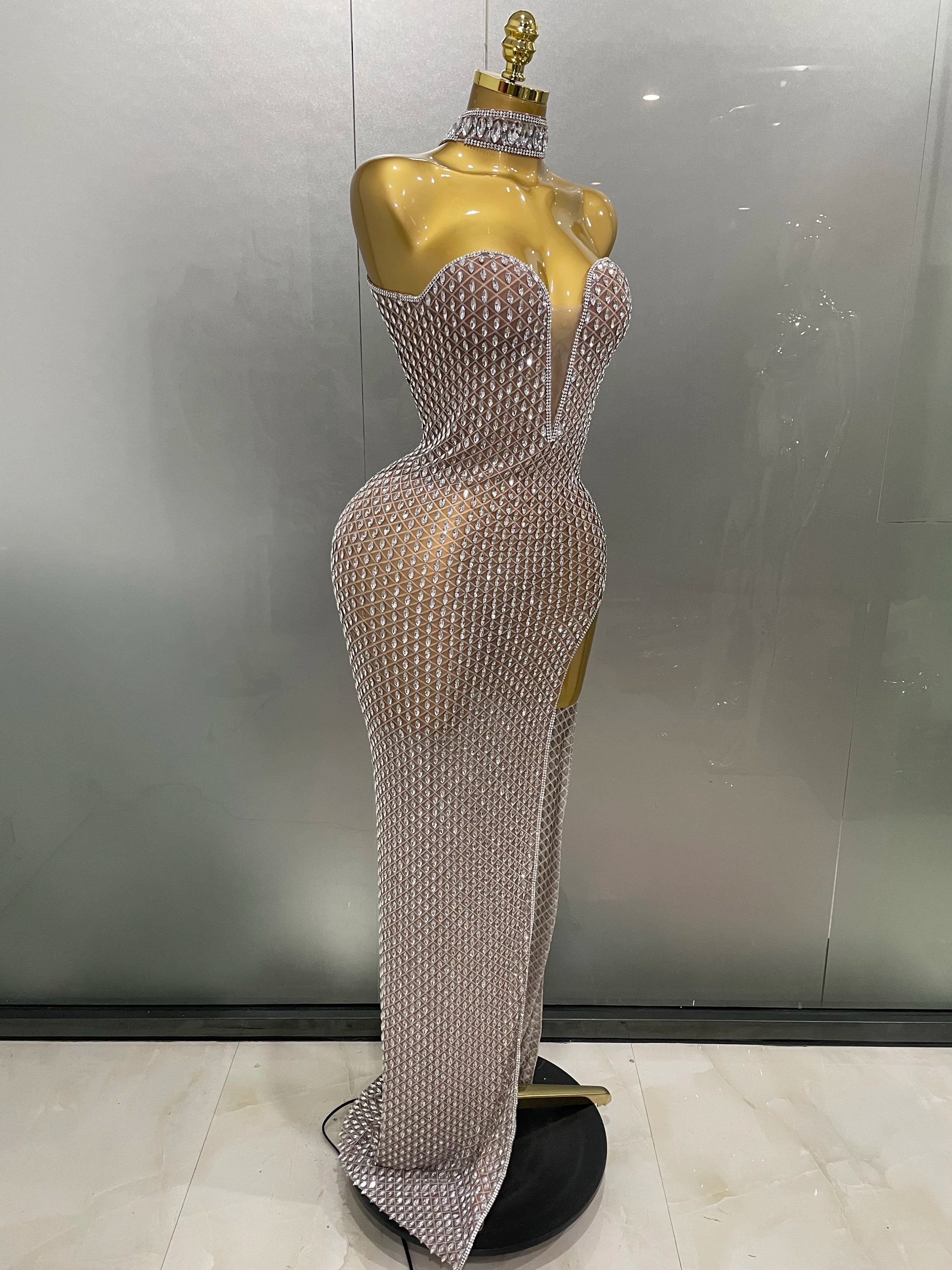 2025 Luxurious Full Rhinestones Mesh Transparent long dress Women Birthday Celebrate Evening Prom Dress party Club Stage Costume