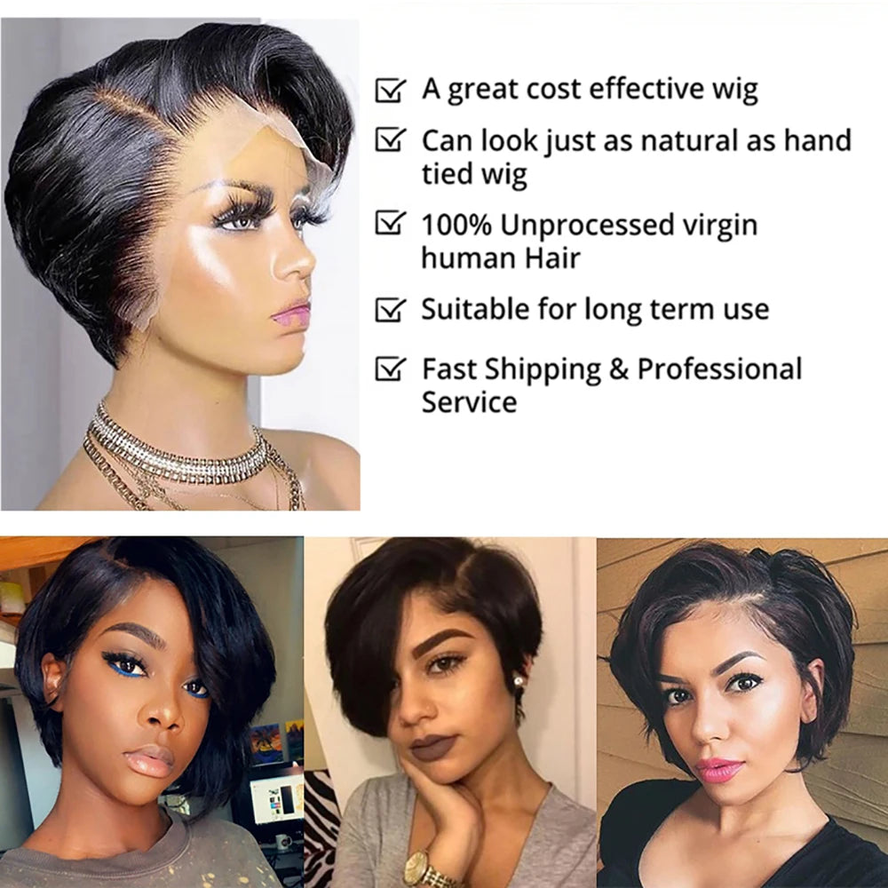 Short Pixie Cut Wigs Straight Human Hair Bob Wigs Brazilian 13*1 Transparent Lace Front Wigs For Women Natural Color