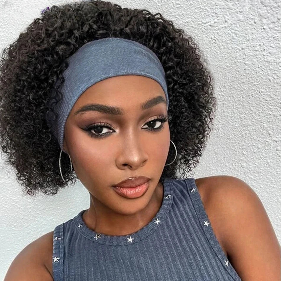 Short Kinky Curly Headband Wig – 100% Brazilian Human Hair, Full Machine Made Glueless Wig (Remy, Curly Wave)