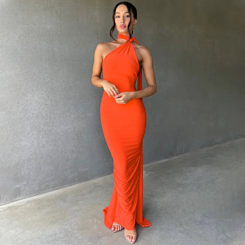 Dulzura Neon Y2K Clothes One Shoulder Sleeveless Backless Ruched Bodycon Maxi Dresses For Women Club Birthday Party Evening Prom