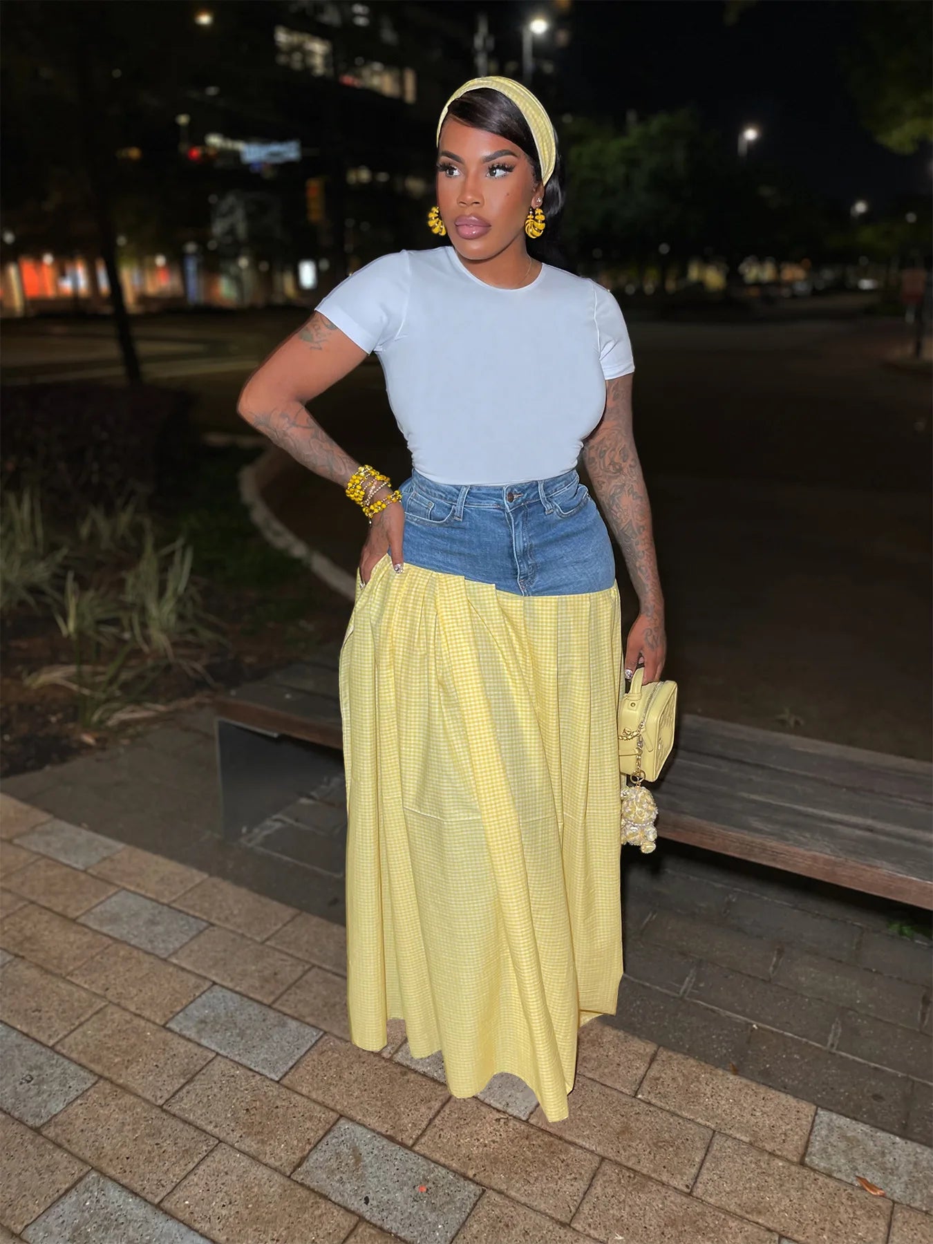Fashion High Side Split Plaid Denim Patchwork Loose Maxi Long SkirtsSummer Streetwear Classic Party Skirt