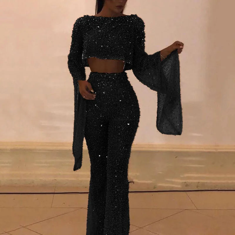 Sexy Backless Hollow Bandage Jumpsuit Women Spring O-neck Flare Sleeve Straight Playsuit Fall Sequin Shiny Party Romper Overalls