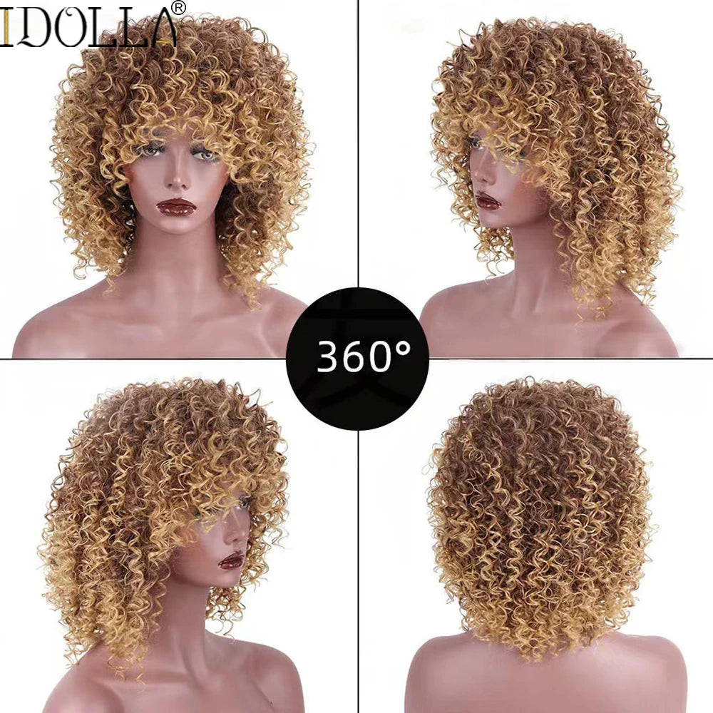 Kinky Curly Wig with Bangs – Short Afro Synthetic Blonde Wig, Glueless High-Temperature Fiber for Daily & Cosplay