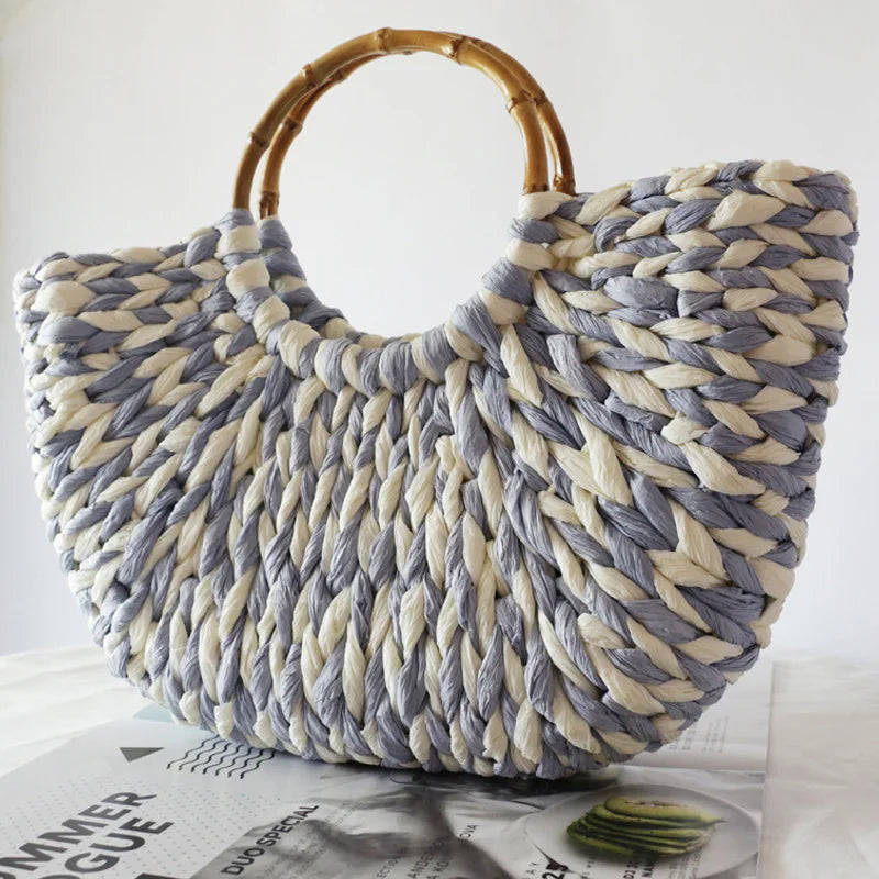 Handmade Shell Embroidery Woven Tote Bag – Luxury Straw Bucket Handbag with Wooden Handle