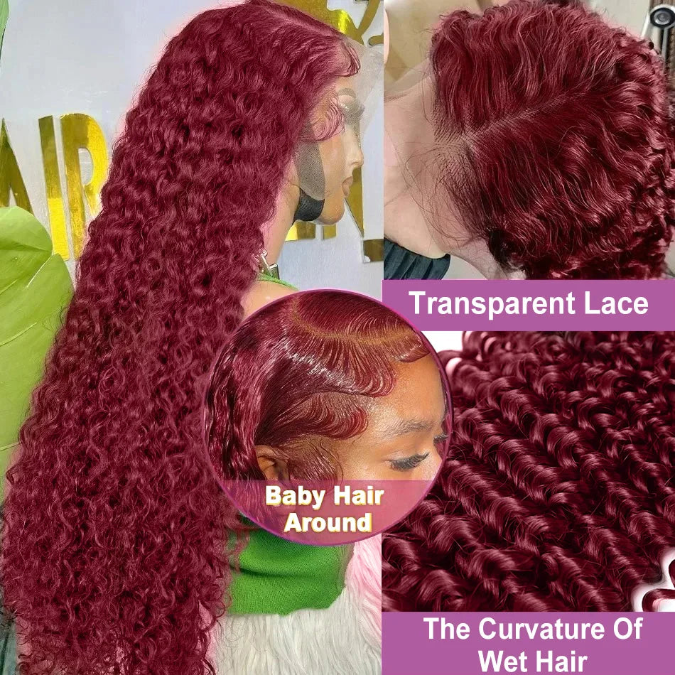40 Inch 99J Burgundy Deep Wave 13x6 HD Lace Front Wig 250% Red Colored Curly 13x4 Lace Frontal Human Hair Wigs For Women
