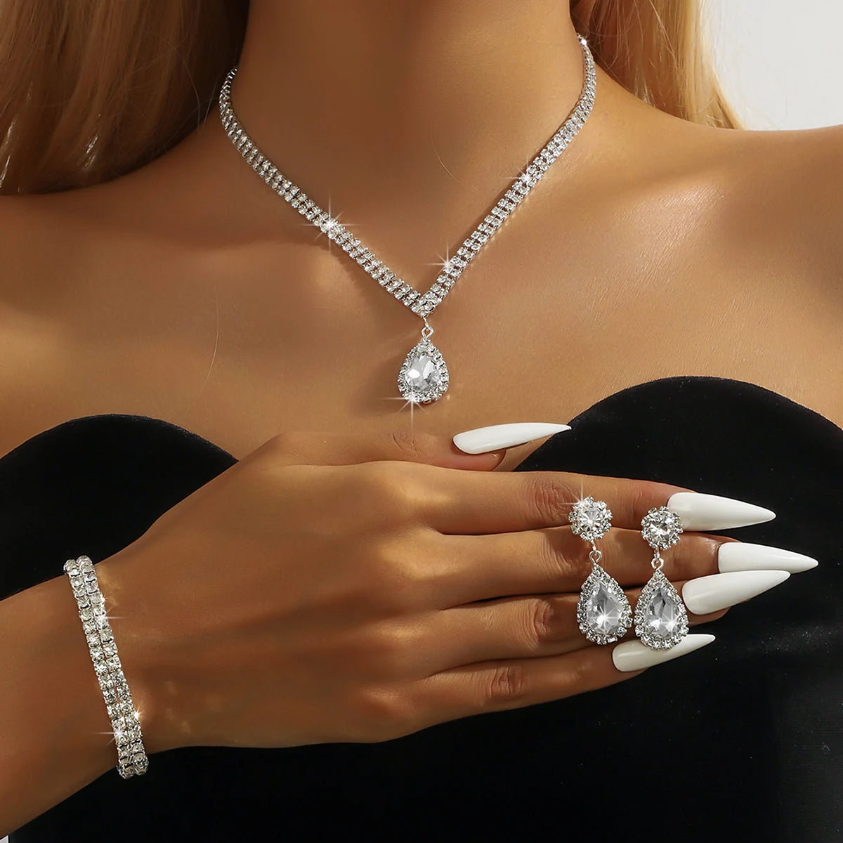 Wedding Season Women's Fashion Copper Claw Chain Water Drop Necklace Earrings Bracelet Jewelry Set Wedding