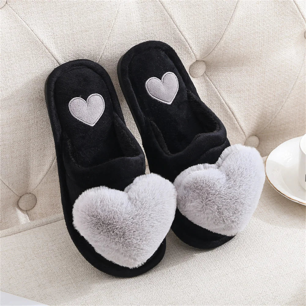 Women’s Plush Heart Slippers – Warm Indoor Non-Slip Winter House Shoes