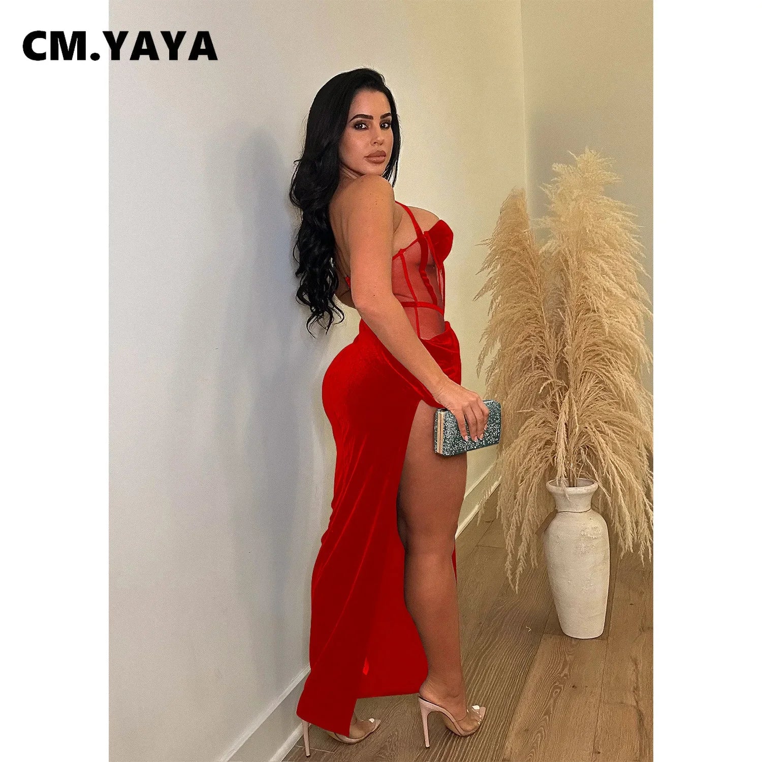 CM.YAYA Women’s Halter Neck Maxi Dress – Sleeveless Velvet Mesh Patchwork Party Dress