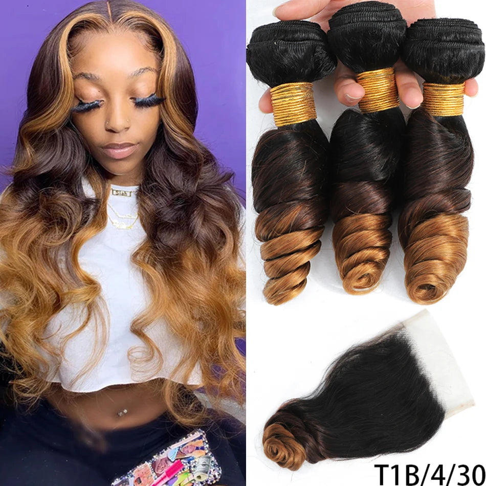 10A Loose Wave Bundles with Closure Wet and Wavy Brazilian Ocean wave 100% Human Hair 3 Bundles with 4x4 Lace Closure