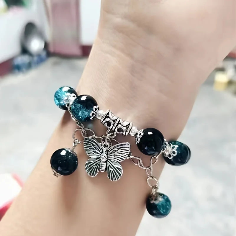 New Trendy Red Crystal Beaded Maple Leaf Bracelet for Women Fashion Butterfly Feather Pendant Bracelet Friendship Jewelry