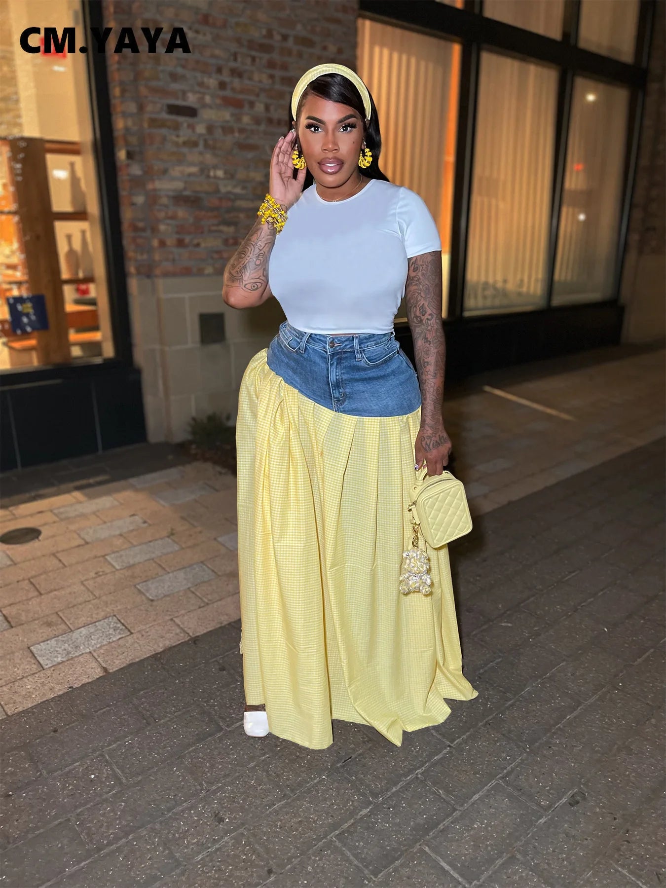Fashion High Side Split Plaid Denim Patchwork Loose Maxi Long SkirtsSummer Streetwear Classic Party Skirt