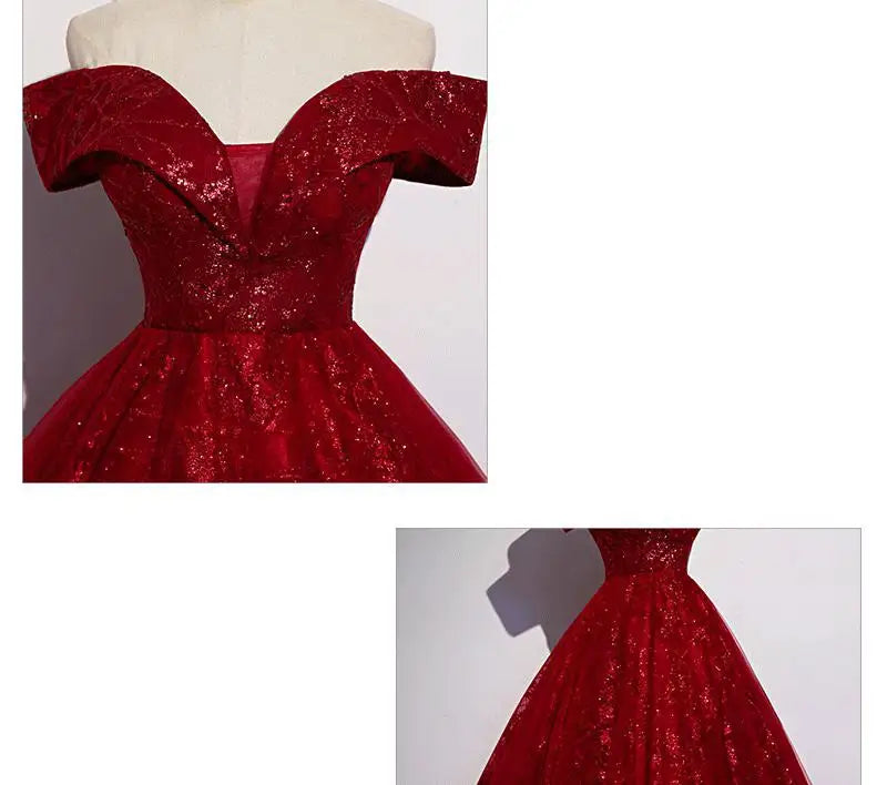 Red Evening Dress 2024 New Off The Shoulder Classic Elegant Ball Gown Sleeveless Sequined Tulle Banquet Shinning Host Customized