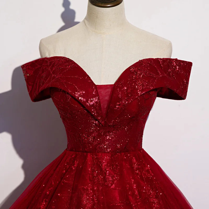 Red Evening Dress 2024 New Off The Shoulder Classic Elegant Ball Gown Sleeveless Sequined Tulle Banquet Shinning Host Customized