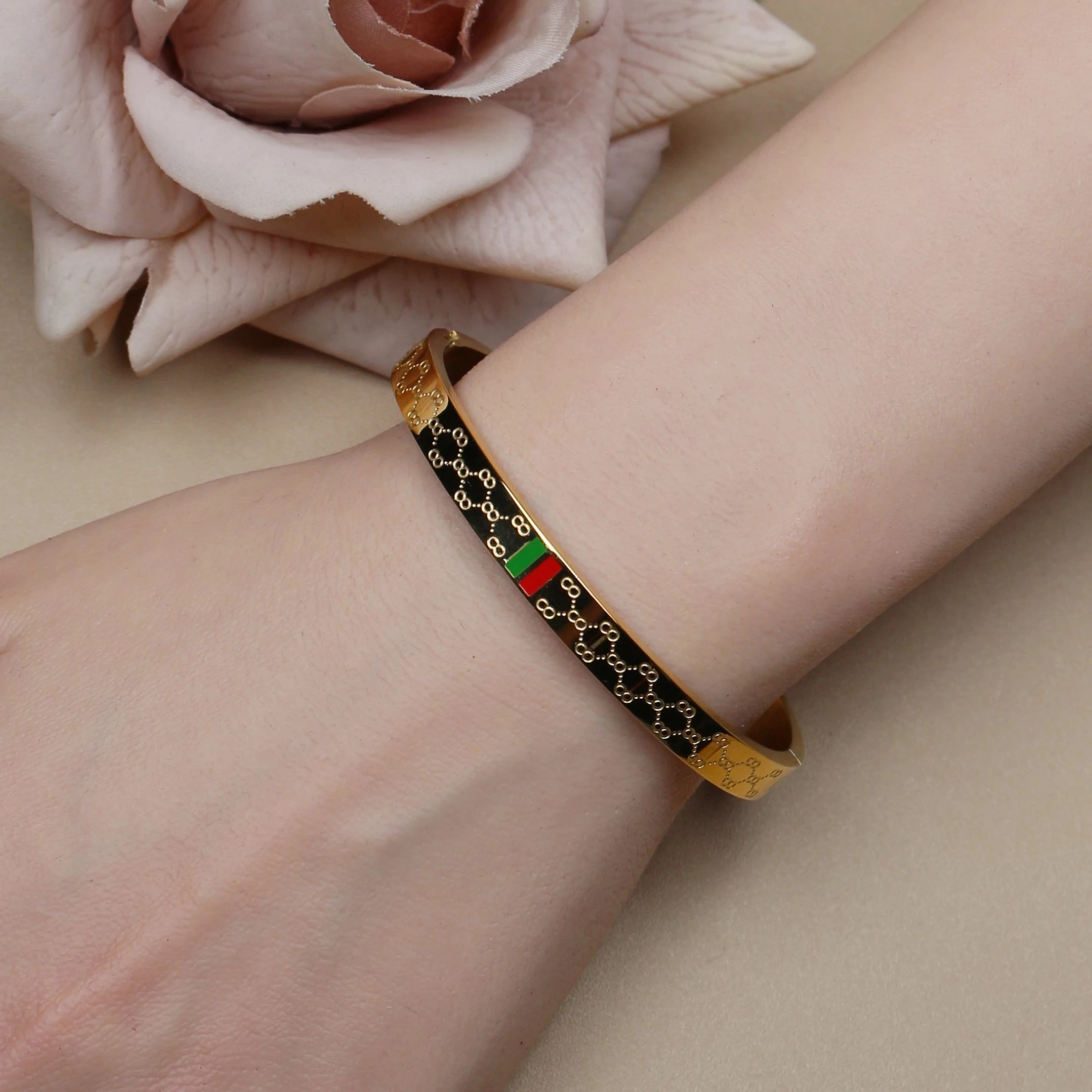18K Gold Plated Unisex Bangles with Red/Green Accents