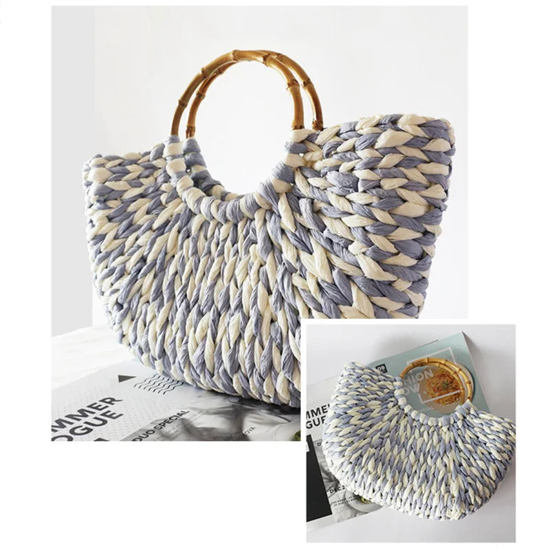 Handmade Shell Embroidery Woven Tote Bag – Luxury Straw Bucket Handbag with Wooden Handle