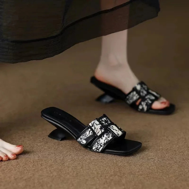 Women’s High Heel Slippers New Summer Fashion Braided Ladies Elegant Sandals Stiletto Square Toe Slip-On Comfy Casual Shoes