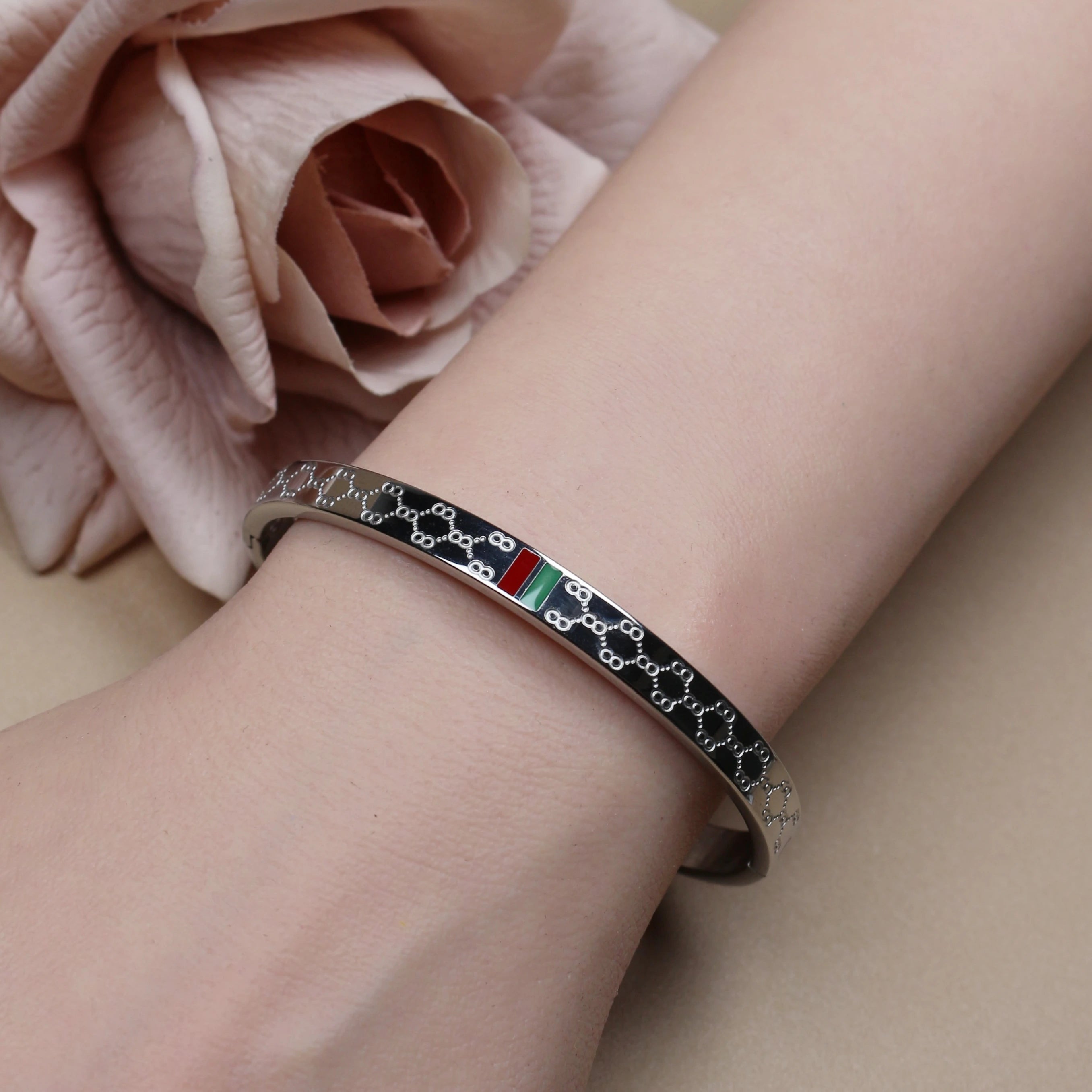 18K Gold Plated Unisex Bangles with Red/Green Accents