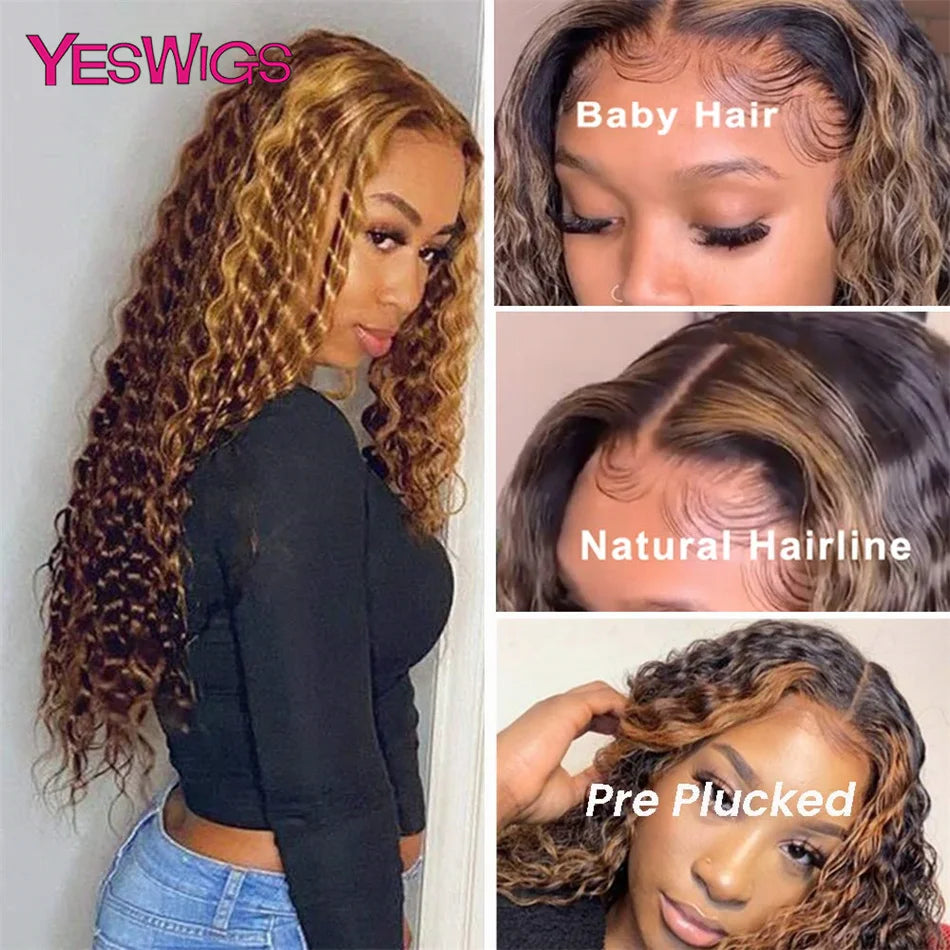 HD 13x6 Brown Lace Front Wig Honey Blonde Colored Curly Human Hair Wigs Highlight Wig Human Hair 13X4 Deep Wave Lace Frontal Wig
