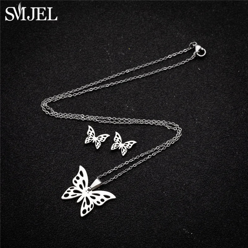 Korea Style Stainless Steel Butterfly Jewelry Sets for Women Cartoon Bee Insect Pendant Necklace Girls Summer Beach Wedding