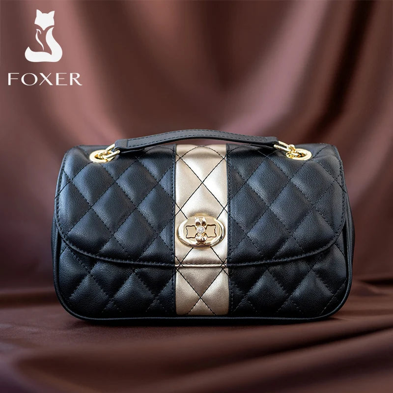FOXER Women’s Diamond Lattice Crossbody Bag – Split Leather Shoulder & Messenger Handbag