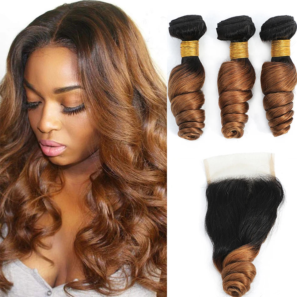 10A Loose Wave Bundles with Closure Wet and Wavy Brazilian Ocean wave 100% Human Hair 3 Bundles with 4x4 Lace Closure