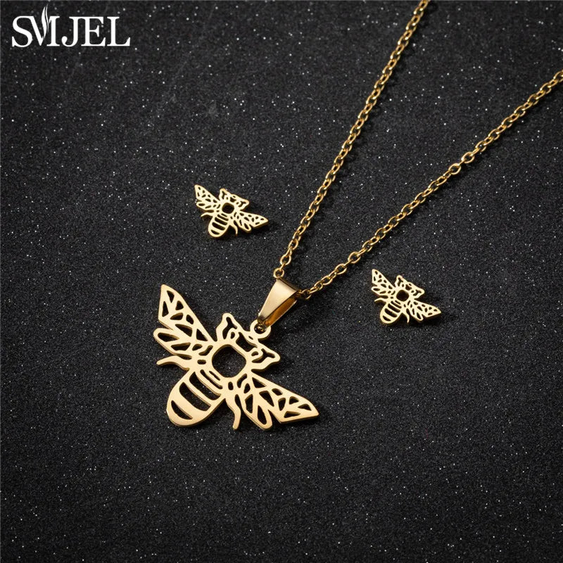Korea Style Stainless Steel Butterfly Jewelry Sets for Women Cartoon Bee Insect Pendant Necklace Girls Summer Beach Wedding