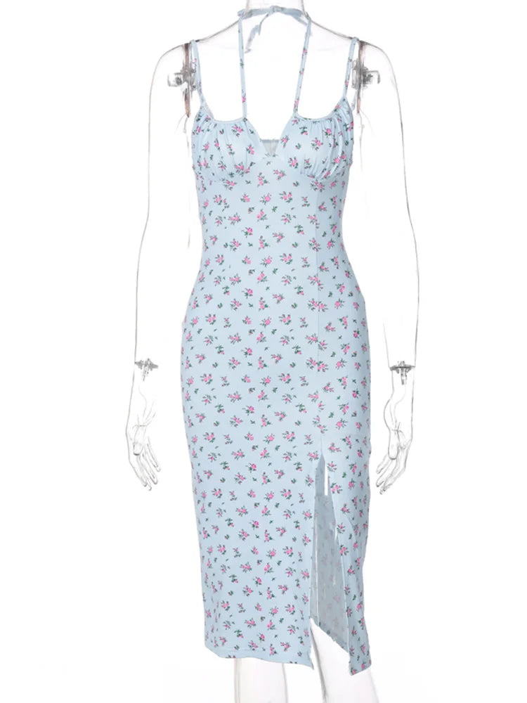 Hugcitar 2025 Floral Satin Slip Maxi Dress – Sleeveless Ruched Bandage Cut Out Party Dress